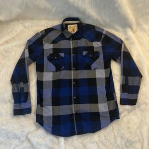 Costal Mens Button Down Long Sleeve Shirt Blue Check Snap Front Large
